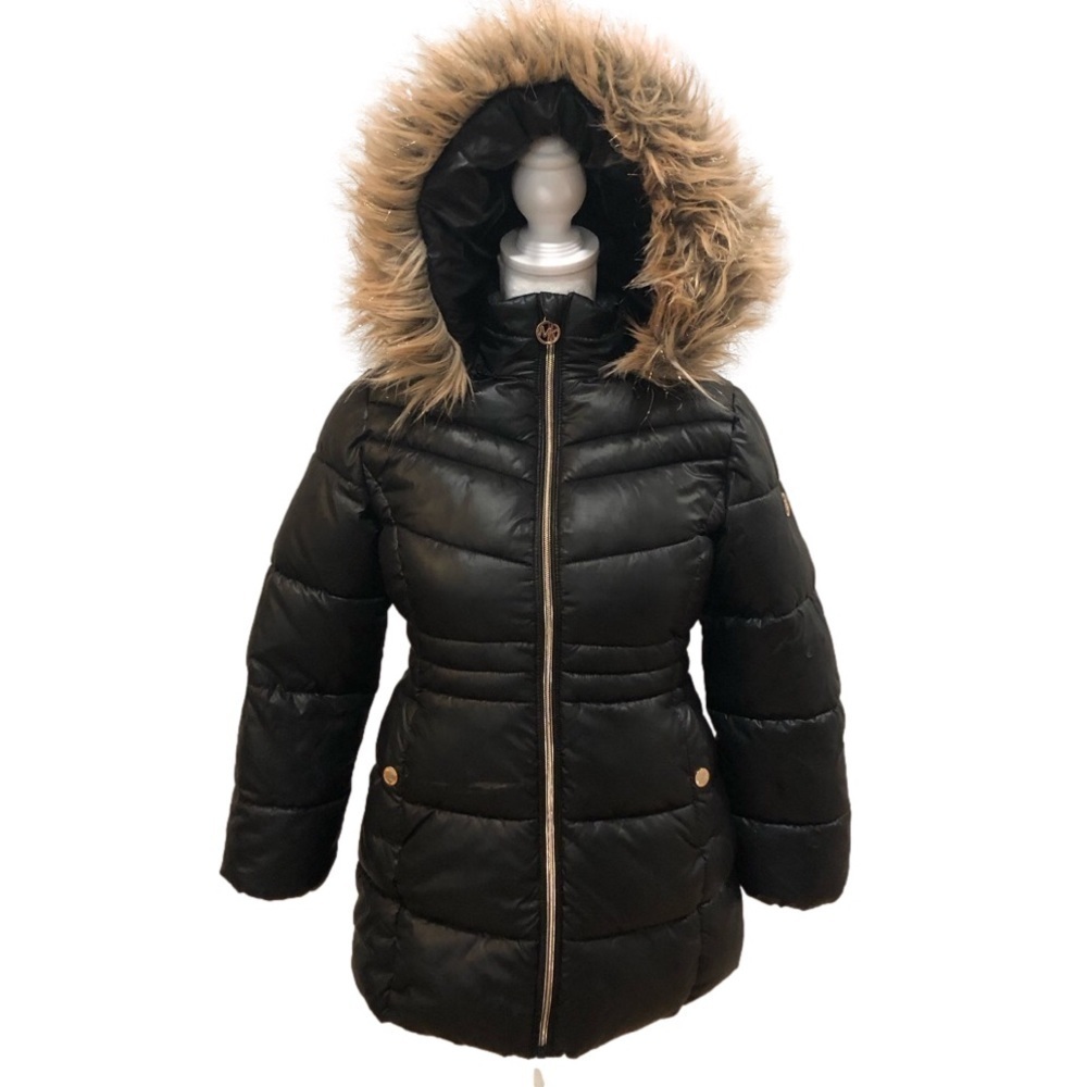 Michael Michael Kors black puffer coat with hood faux fur zipper front. Sz 7/8